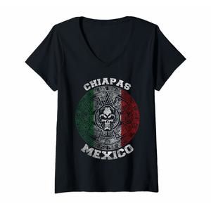 Womens Chiapas Aztec Calendar Mayan Skull. Mexican Pride Symbol V-Neck T-Shirt